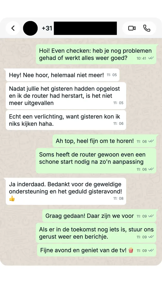 Klant meldt dat alles weer werkt nadat de storing was opgelost