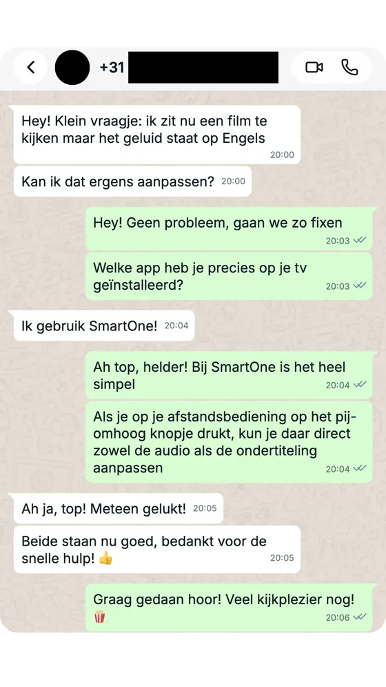 Klant past de audiotaal aan in de app na uitleg van onze support