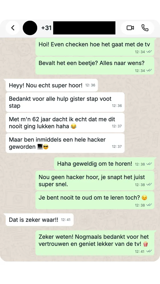 Klant bedankt ons voor de stap-voor-stap hulp bij het installeren